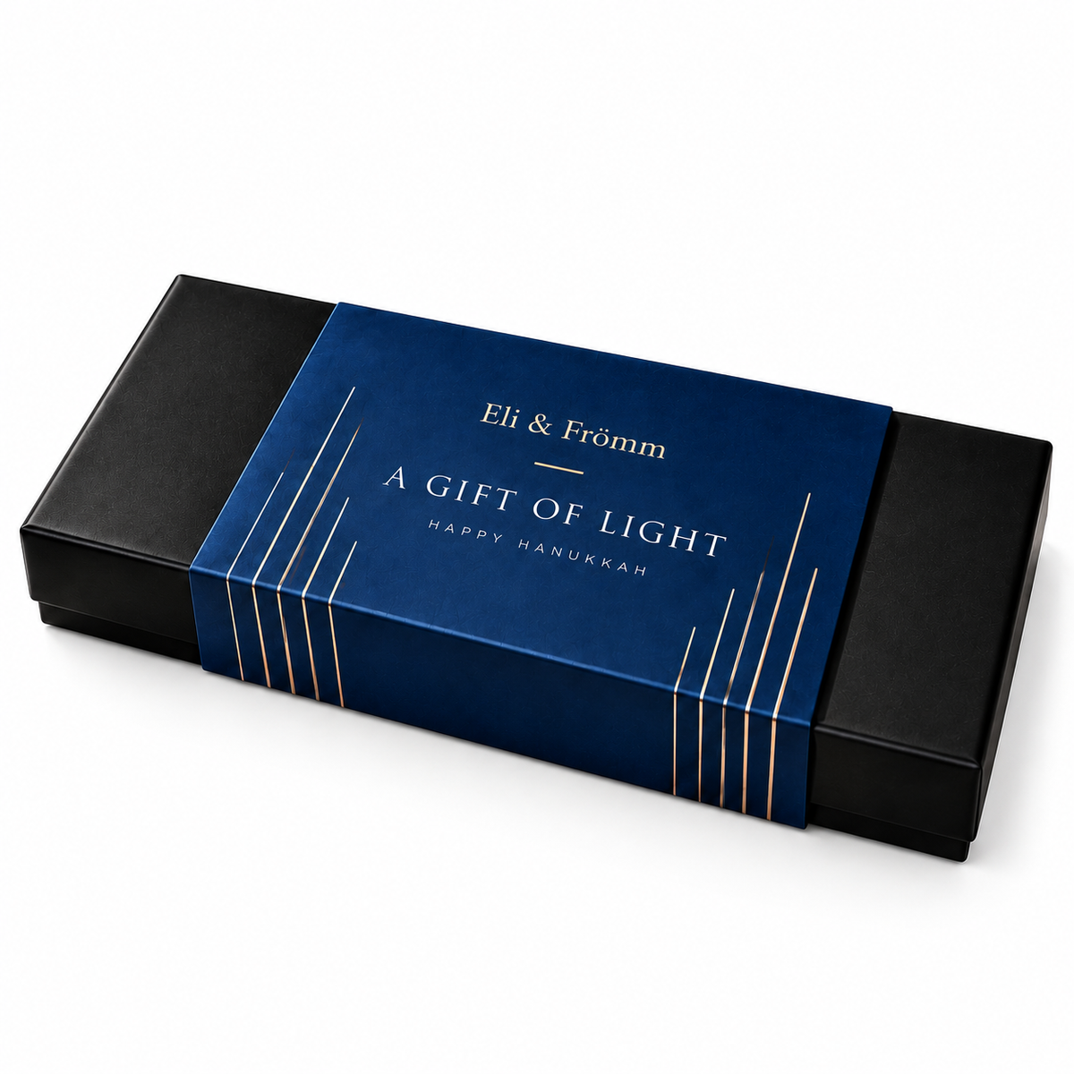 Eli & Frömm Hanukkah Signature 8-piece chocolate truffle gift box with midnight-navy A Gift of Light sleeve and gold detailing.