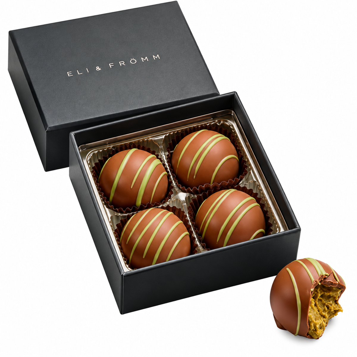 Eli & Frömm Dubai Chocolate Truffles – four milk chocolate truffles filled with pistachio cream and crispy kataifi, presented in a luxury black gift box.