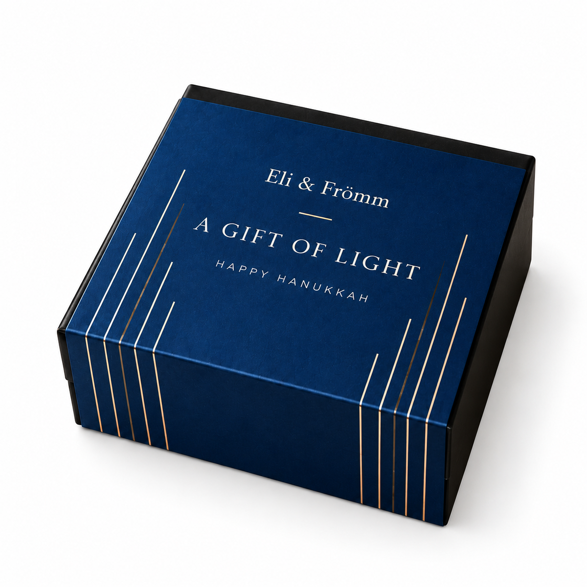 Eli & Frömm Hanukkah Petite 4-piece chocolate truffle gift box with midnight-navy A Gift of Light sleeve and gold detailing.