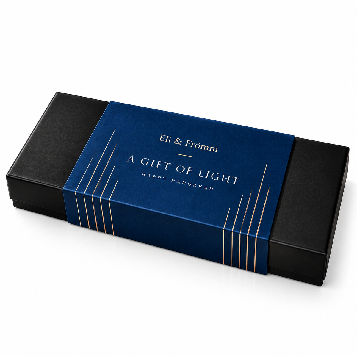 Eli & Frömm Hanukkah Premier 12-piece chocolate truffle gift box with navy-and-gold A Gift of Light sleeve.