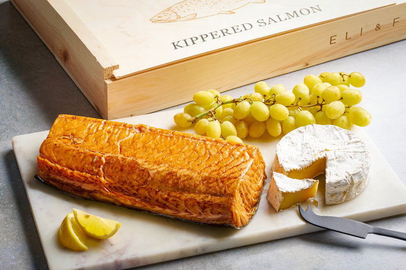 Kippered salmon and camembert cheese in signature wood gift box