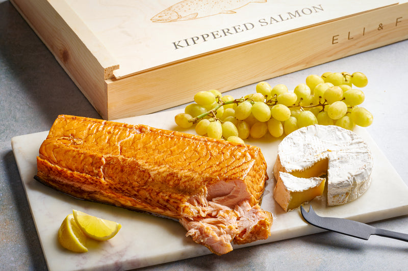 Kippered salmon and camembert cheese in signature wood gift box