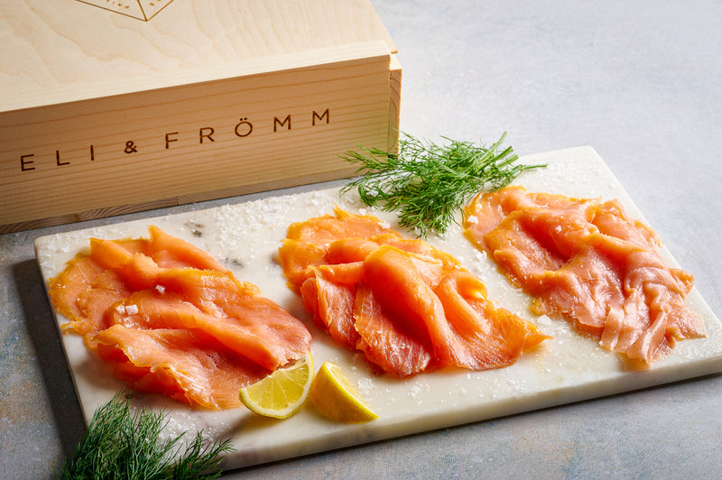 Three pack Norwegian style sliced nova salmon in signature wood gift box